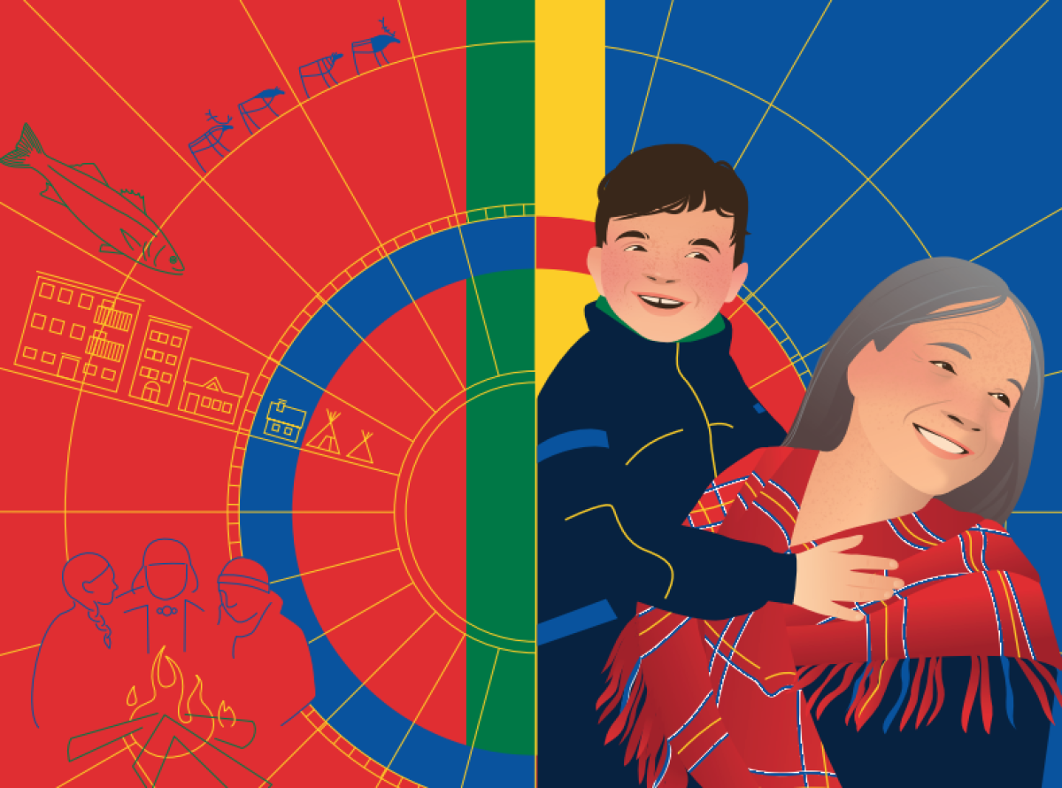 En illustrasjon med det samiske flagget og en eldre dame og et barn med kofte