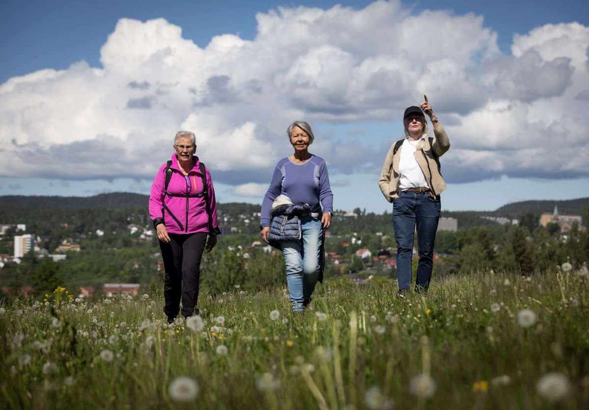 Tre damer går over en grønn eng