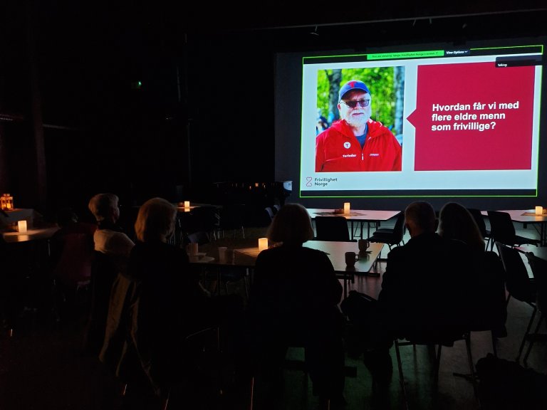 En mørk sal med folk som sitter rundt bord med stearinlys og ser på et lerret