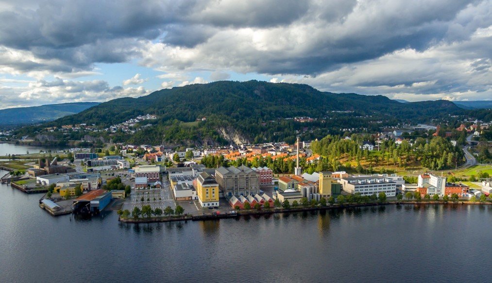 Flyfoto av sjøkanten med flere hus, vegetasjon. 