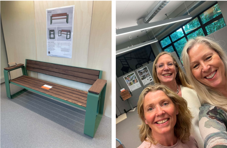 To bilder ved siden av hverandre. Det ene av en benk i et utstillingsrom. Det andre: en selfie av Monica Bakken, Kathinka Bene Hystad  og Anne Berit Rafoss