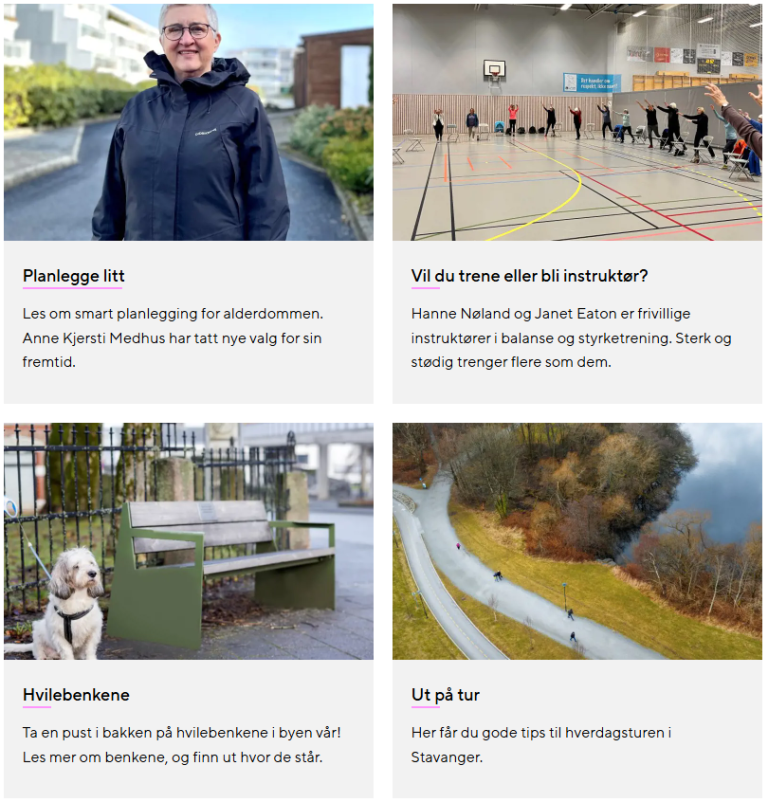 eldre dame, bilde av en hund og benk, eldre mennesker som trener, bilde av en sti i en skog