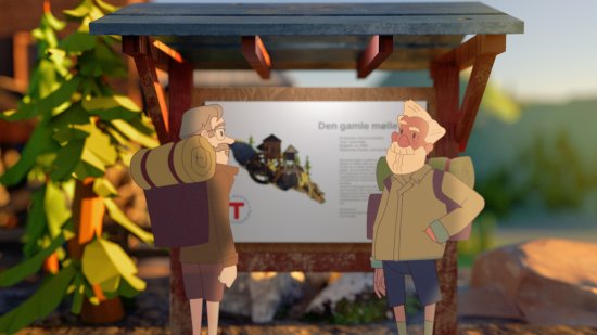 To animerte eldre menn står med tursekker forran et informasjonsskilt i naturen