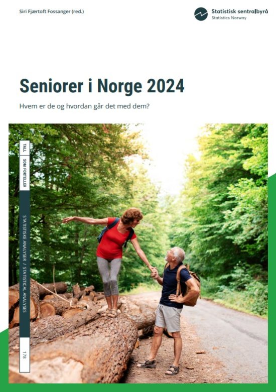 Faksimile av forsiden av rapporten med et eldre par der damen balanserer på en tømmerstokk mens mannen holder henne i hånda.