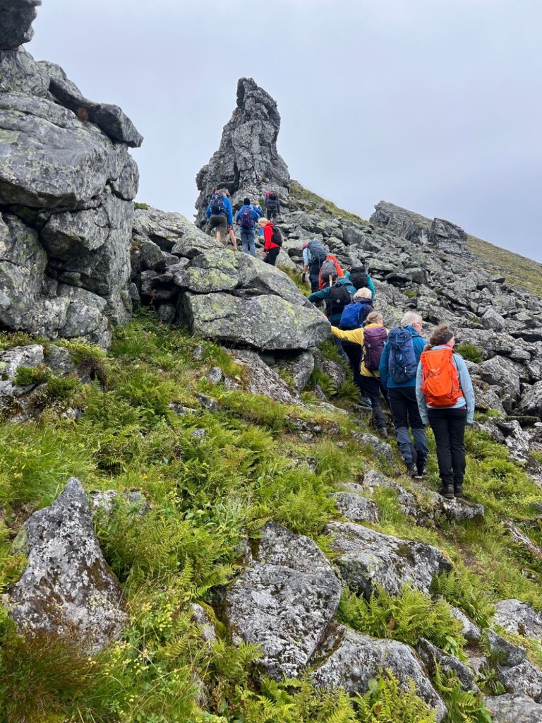 En rekke med mennesker som går på en sti på toppen av et høyt fjell